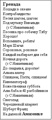 Text Box: Гренада
Лошади в океане
Контрабандисты
Песня шагом, шагом
Под музыку Вивальди
    (с С.Никитиным)
Песенка про собачку Тябу
Хорошо!
Вспомните, ребята!
Марк Шагал
Сороковые, роковые
Каждый выбирает для себя
Ночная дорога
   (с С.Никитиным)
До свиданья, дорогие!
Альма-матер
Спляшем, Пэгги, спляшем!
Кинематограф
Божественная суббота
Али-баба и 40 разбойников
   (с С.Никитиным)
Снегопад
Черешневый кларнет
Шуберт Франц
На далекой Амазонке

